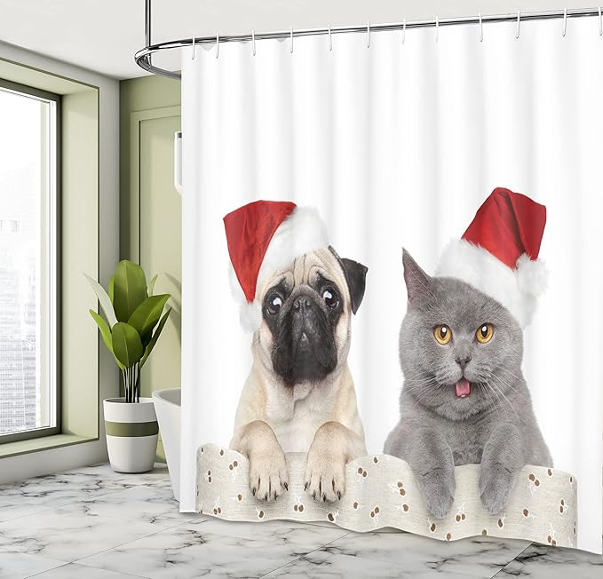 Ambesonne Pug Shower Curtain, Christmas Themed Animal Photography a Cat and Dog Wearing Santa Hats Print, Cloth Fabric Bathroom Decor Set with Hooks, 69" W x 75" L, Cream Grey