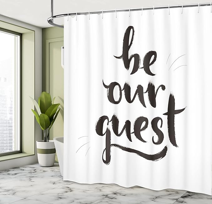 Ambesonne Be Our Guest Shower Curtain, Ink Brush Painting Style Calligraphic Words in Hand Written Print, Cloth Fabric Bathroom Decor Set with Hooks, 69" W x 84" L, White and Charcoal Grey