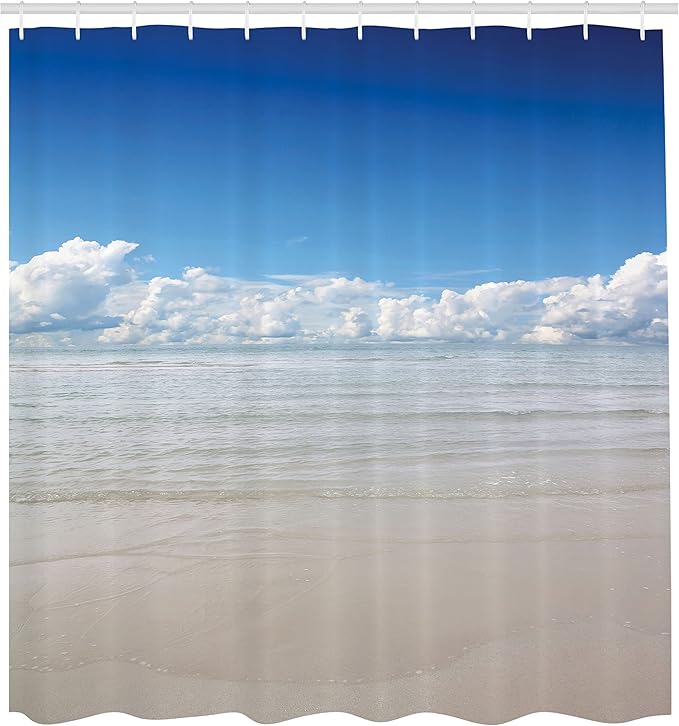 Ambesonne Ocean Shower Curtain, Sea to Sky View with Clouds Nature Exotic Beach in South Asia Paradise, Cloth Fabric Bathroom Decor Set with Hooks, 69" W x 70" L, Blue White Cream