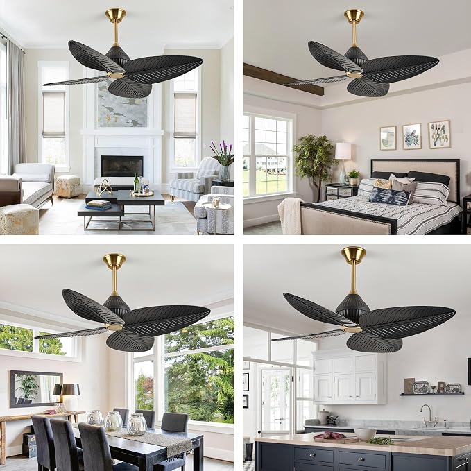52 inch Ceiling Fan Without Lights, Remote & APP Control, 6 Speed DC Motor, 4 Palm Leaf Blades, Tropical Ceiling Fans for Bedroom, Living Room (Black Gold)