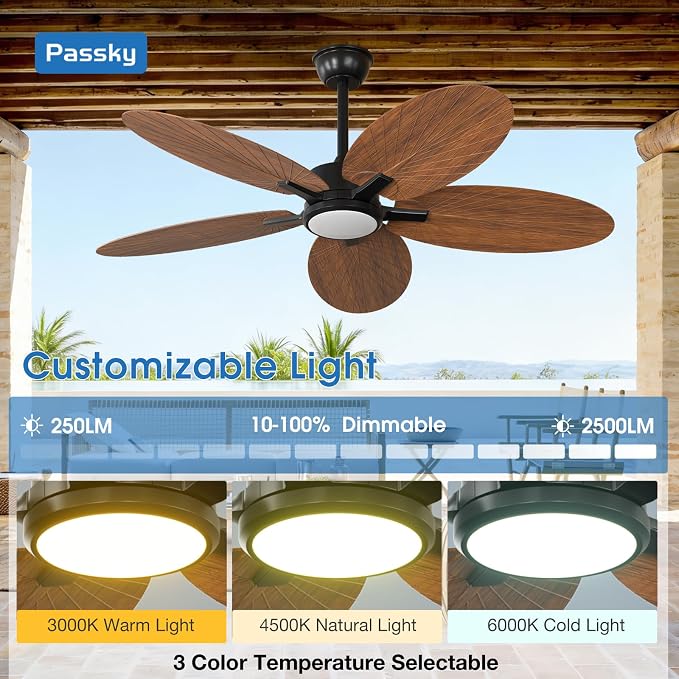 Passky Ceiling Fans with Lights, 52 inch Tropical Ceiling Fan with Light and Remote Control, 3CCT, Dimmable, Reversible, Noiseless, Banana-leaf Shape Ceiling Fan for Bedroom, living room, Coverd Patio