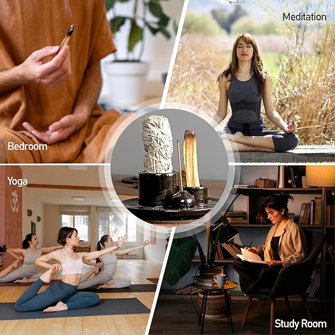 4 in 1 Incense Burner Holder, Palo Santo Sticks Holder, Ceramic Incense Holder Dish, Palo Santo Burner Chimney, Sage Bundle Smudge Bowl(Black)