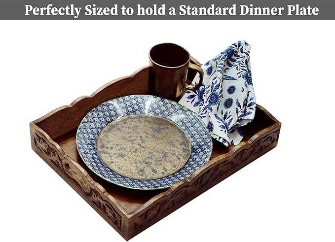 COTTON CRAFT Hand Carved Wooden Serving Tray - Breakfast Tray with Handles | Natural Finish Decorative Dinner Tray - Rustic Intricately Detailed Unique Furnishing Accent - Food Tray - 17x13x2.5 Inches