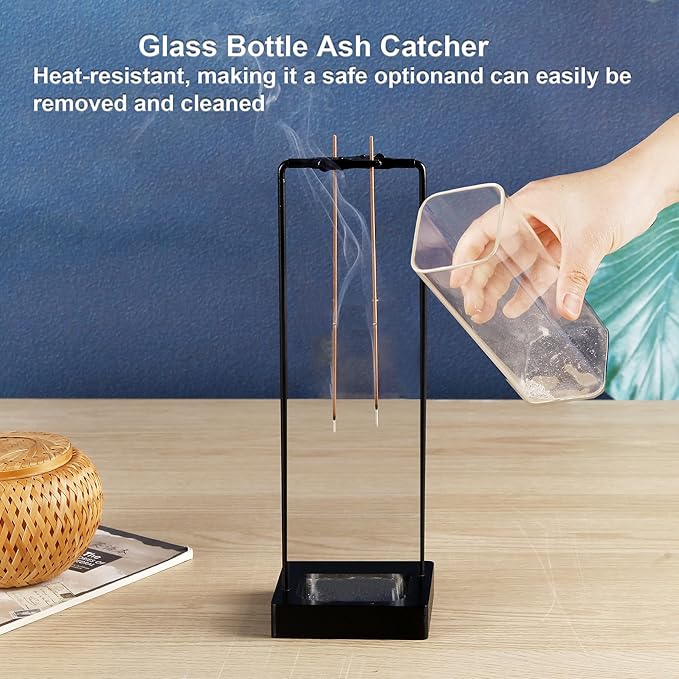 Incense Burner Holder for Sticks, [New Upgraded-Two Black Clip] Upside Down Incense Burner with Removable Glass Ash Catcher Anti-Ash Flying