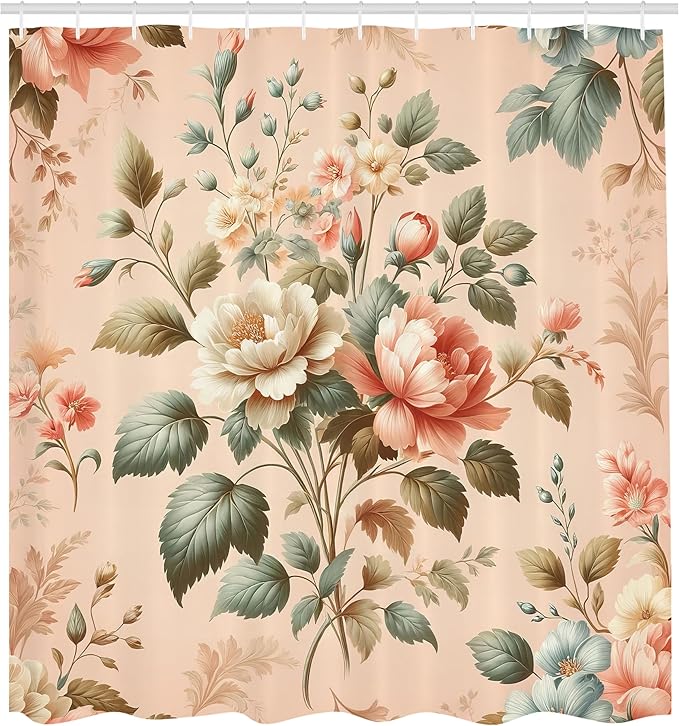 Ambesonne Floral Shower Curtain, Vintage Countryside Cottagecore Vibe Flowers Pastel Tones Paint Print, Cloth Fabric Bathroom Decor Set with Hooks, 69" W x 84" L, Pale Peach Reseda Green