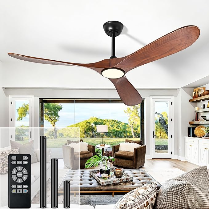 72 Inch Ceiling Fans with Lights and Remote, Wood Outdoor Ceiling Fan with 6 Speed Noiseless DC Motor, Indoor Modern 3 Blade Propeller Ceiling Fan for Bedroom Living Room Gazebo Patio(Walnut)