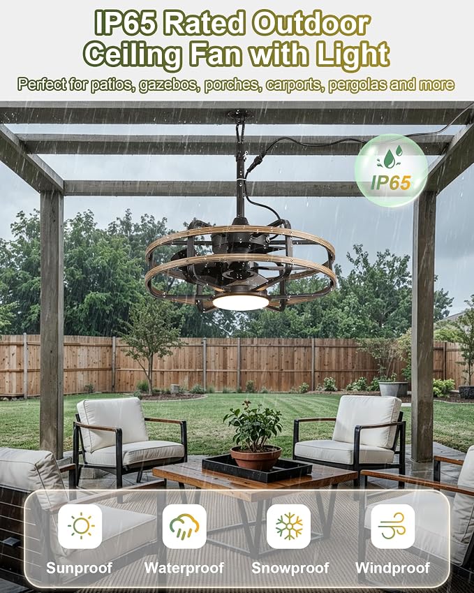 20" Outdoor Ceiling Fan with Light – Waterproof Plug-In Smart Fan for Porch, Pergola & Gazebo, 4CCT Color Adjustable, Alexa & Google Compatible, Caged Design, Black & Dark Wood Finish