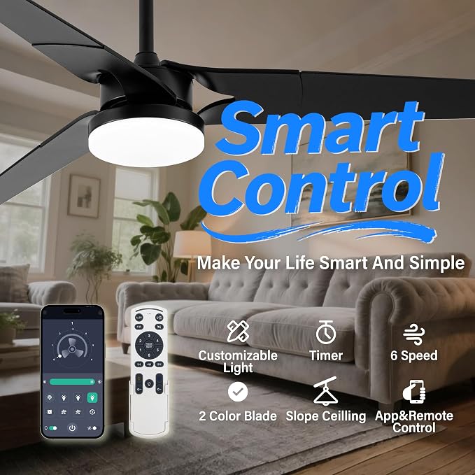 Ceiling Fan with Lights and Remote, 3 Blade App Control Timer Reversible Stepless Brightness and Color Temperature Outdoor Wood Ceiling Fan with Lights (Black, 60 I)