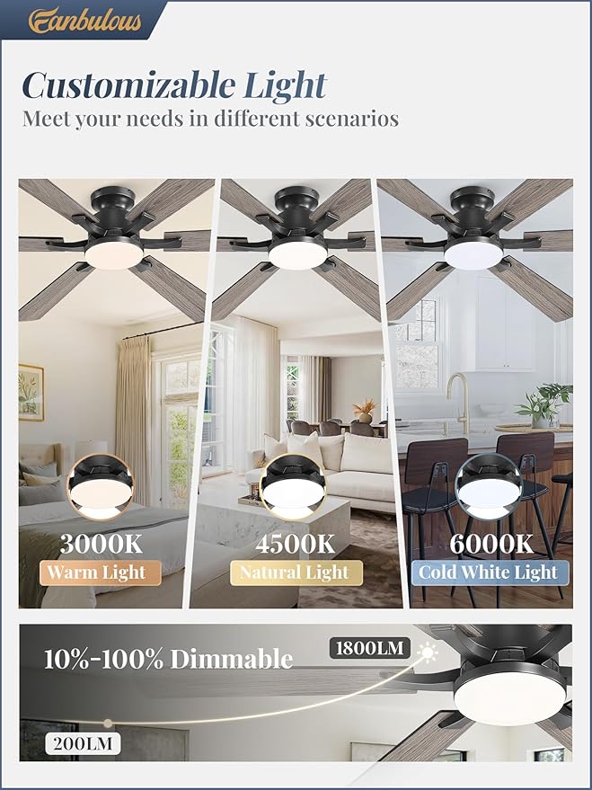 Fanbulous 60 Inch Ceiling Fan with Lights, APP & Remote Control, Flush Mount Low Profile Black Ceiling Fan, 3000-6000K Dimmable LED, Quiet Reversible Motor, 6 Blades, 6 Speeds, for Bedroom Living Room