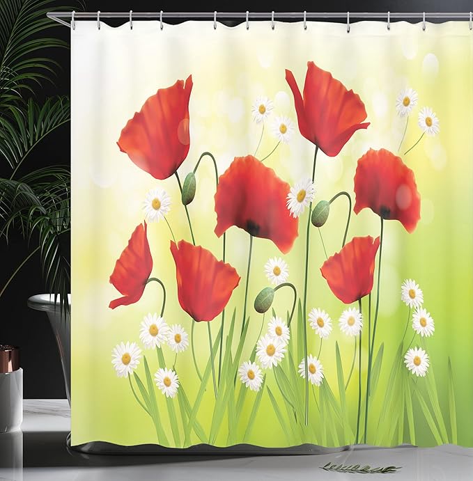 Ambesonne Poppy Flower Shower Curtain, Spring Environment with Poppies and Daisies on Grass Flourishing Nature, Cloth Fabric Bathroom Decor Set with Hooks, 69" W x 75" L, Red Green