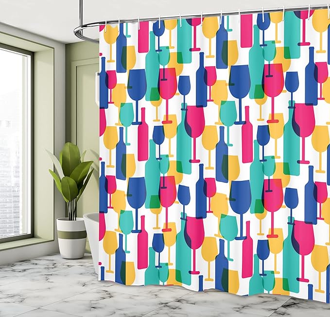 Ambesonne Winery Shower Curtain, Colorful Silhouettes of Cocktail Glasses and Wine Bottles Pattern Bar Party Alcohol Drinks, Cloth Fabric Bathroom Decor Set with Hooks, 69" W x 84" L, Magenta Navy