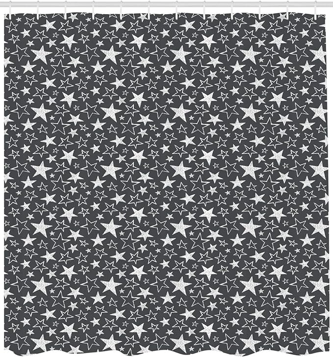 Ambesonne Star Print Shower Curtain, Greyscale Illustration Chalk Design Hand Drawn 5 Pointed Geometric Shapes, Cloth Fabric Bathroom Decor Set with Hooks, 69" W x 75" L, Charcoal Grey White