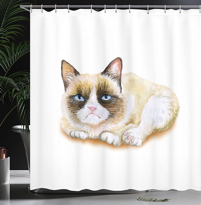 Ambesonne Animal Shower Curtain, Grumpy Siamese Cat Angry Paws Kitten Moody Love Art Print Watercolor Look Print, Cloth Fabric Bathroom Decor Set with Hooks, 69" W x 84" L, Beige and Brown