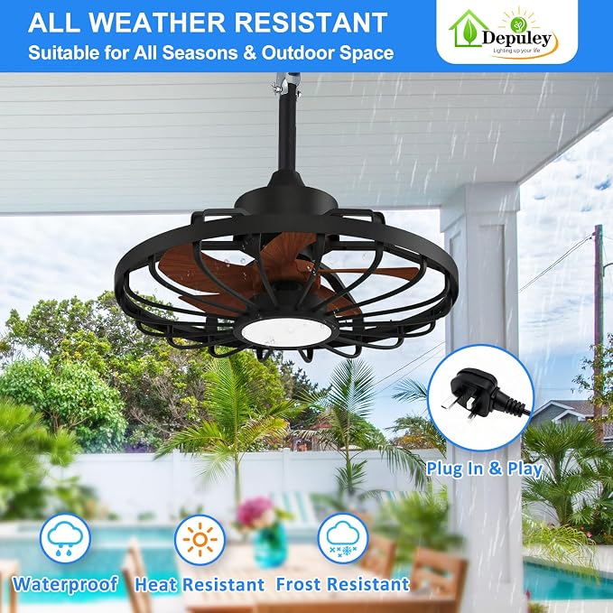 Depuley Gazebo Fans Outdoor Hanging: 20 Inch Black and Walnut Plug In Caged Outdoor Fan with Light and APP Remote Control - Waterproof Ceiling Fan for Patio Porch Pergola Reversible DC Motor