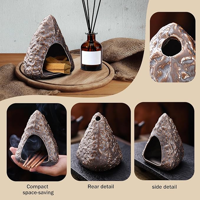 SAIBI Handmade Palo Santo Holder & Incense Cone Burner, Elegant Sage Smudging Accessory for Spiritual Rituals, Energy Cleansing, Meditation, Yoga & Aromatherapy, Thoughtful Gift (Triangular Volcano)