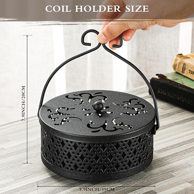 Lallisa Incense Coil Holder Sets, Round Metal Hanging Incense Burner with Handle and Lid, Portable Coil Burner Stand Container for Patio Camping Garden Home Indoor Outdoor Decor(Black,2 Pcs)