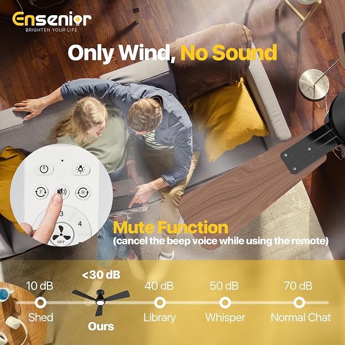 Ensenior 42 Inch Flush Mount Ceiling Fan with Light and Remote, Low Profile Ceiling Fans with Lights, 3 Blades (Black/Wood), Quiet DC Motor, 6 Speeds, 3 Color, Memory Function, Fan for Bedroom, Black