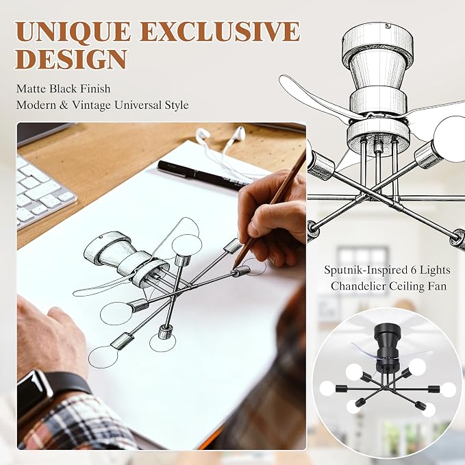 VbiTmn 21.2 Inch Flush Mount Sputnik Ceiling Fan with Lights, 6-Light Black Modern Fandelier, Low Profile Quiet DC Reversible, 6 Speed Remote Control, E26 Base for Bedroom Dining Room