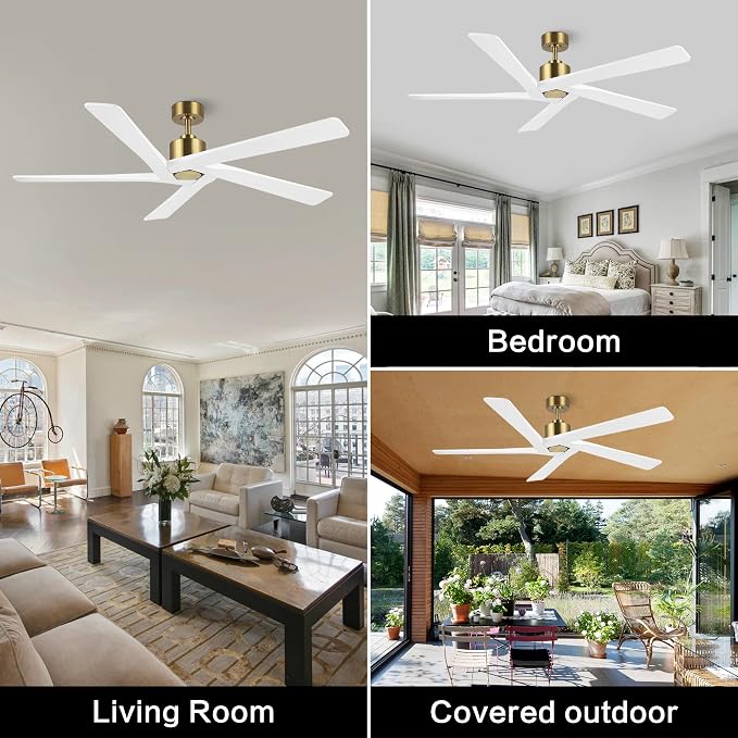 WINGBO 64 Inch DC Ceiling Fan without Lights, 5 Reversible Carved Solid Wood Blades, 6-Speed Noiseless DC Motor, Ceiling Fan No Light with Remote, Brass Finish with White Blades, ETL Listed