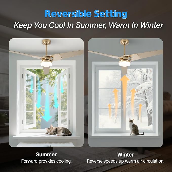 Ceiling Fan with Lights and Remote, 3 Blade App Control Timer Reversible Stepless Brightness and Color Temperature Outdoor Wood Ceiling Fan with Lights (Gold, 60 I)
