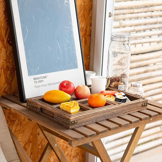 Yangbaga Rustic Wooden Serving Trays with Handle - Set of 7 Rectangular Platters for Entertaining, Breakfast, Coffee Table, Home Decor