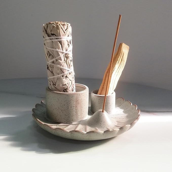 Sage and Palo Santo Candle Holder, Ceramic 4 in 1 Incense Burner Holder, Ash Catcher Tray for Home Office Meditatio Yoga Room (Art's Cyan)
