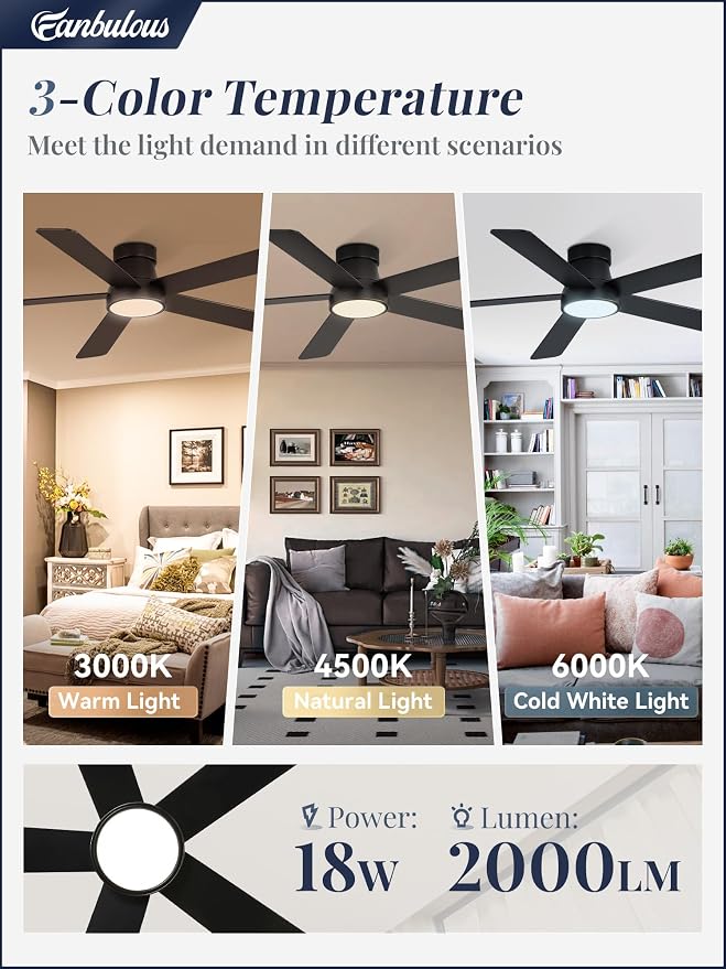 Fanbulous 52 Inch Ceiling Fans with Lights and Remote,Outdoor Indoor Modern Flush Mount Ceiling Fan with 3CCT 6-Speed Quiet DC Motor,Black Small Low Profile Ceiling Fan for Bedroom Living Room Office