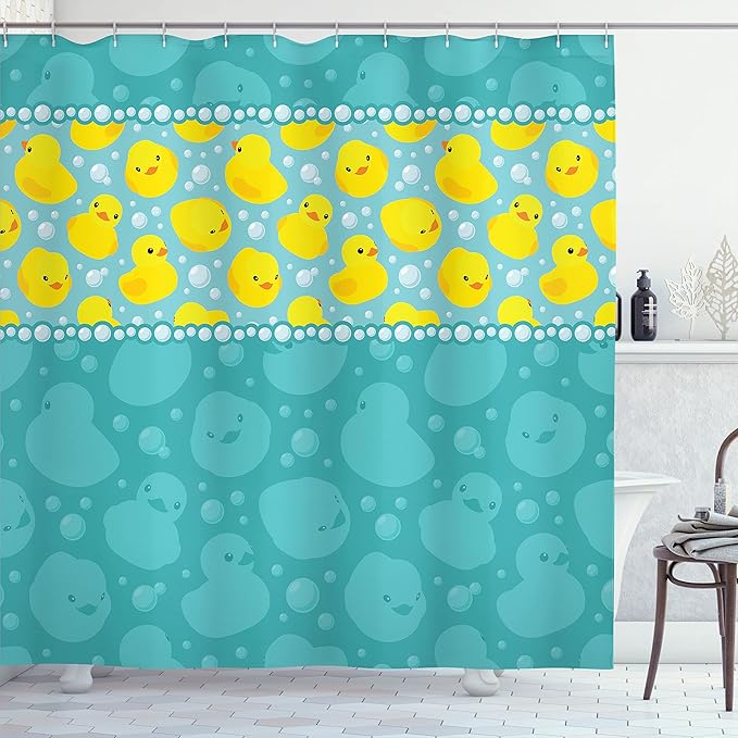 Ambesonne Rubber Duck Shower Curtain, Cartoon Style Duckies Swimming in Water Pattern Fun Bubbles Aqua Colors, Cloth Fabric Bathroom Decor Set with Hooks, 69" W x 75" L, Teal Blue
