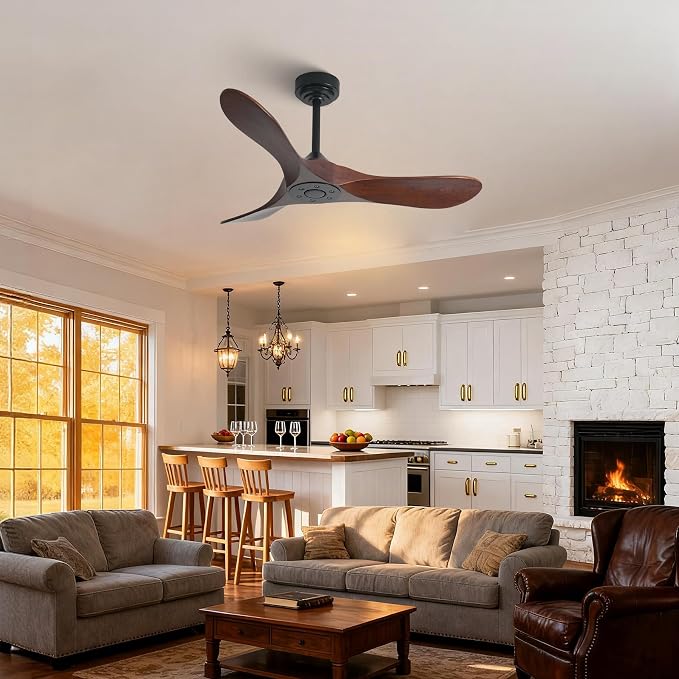 Outdoor Ceiling Fan Without Light, 42Inch Smart Ceiling Fan with Remote & Voice Control for Compatible with Alexa/Google, 3-Blade Wood Fan, Quiet DC Motor, 6 Speeds for Patio, Porch, Farmhouse