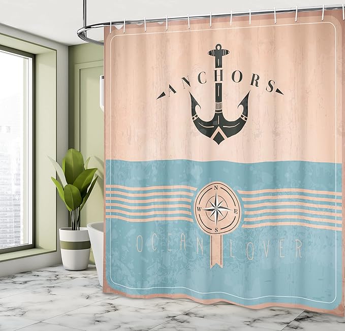 Ambesonne Nautical Shower Curtain, Vintage Marine Design for Ocean Lovers Anchor Compass and Stripes, Cloth Fabric Bathroom Decor Set with Hooks, 69" W x 84" L, Champagne