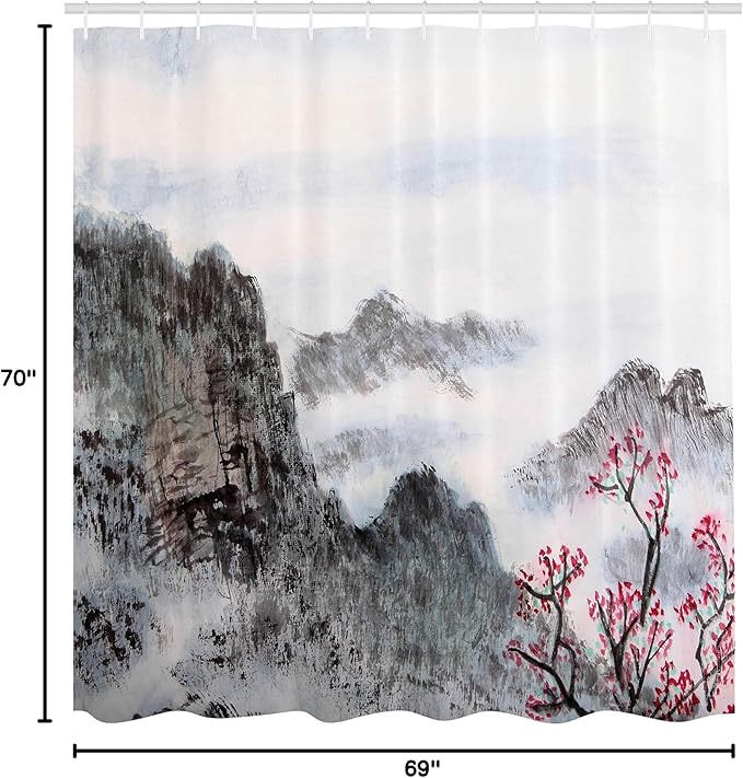Ambesonne Asian Shower Curtain, Traditional Chinese Painting Landscape Sakura Cherry Tree Cloudy Mountains, Cloth Fabric Bathroom Decor Set with Hooks, 69" W x 70" L, Seal Brown White Red