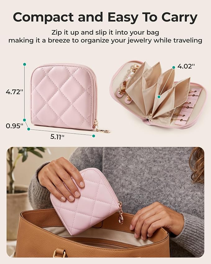 BAGSMART Travel Jewelry Case, Leather Zip for Rings Necklaces | Removable inner pocket, 3 tangle-free clips, 1 elastic pocket, 2 leather snap straps for rings/earrings
