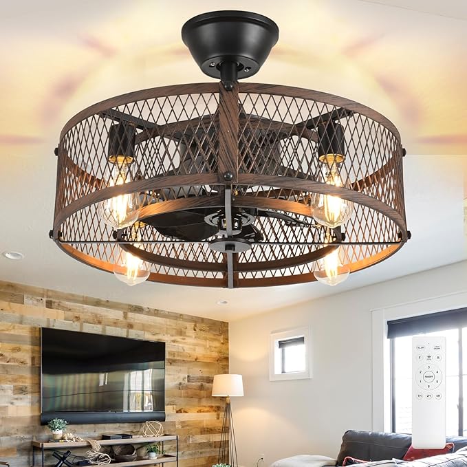 DLLT Caged Ceiling Fan with Lights: 20" Farmhouse Fandelier with Light and Remote - Walnut Industrial Chandelier Fan Light for Bedroom Living Dining Room Kitchen