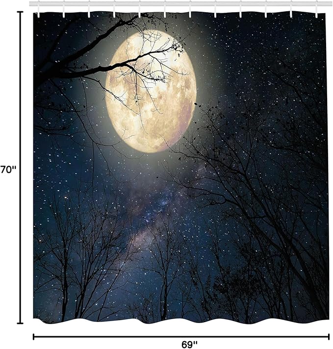 Ambesonne Night Sky Shower Curtain, Nocturnal Sky Milky Way Stars Twilight Moon Scenery with Branches, Cloth Fabric Bathroom Decor Set with Hooks, 69" W x 70" L, Dark Blue White