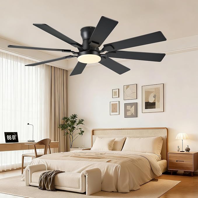JSAITEE 52Inch Ceiling Fan with Lights, Flush Mount Low Profile, Black | Ceiling Fans,DC Reversible Motor Noiseless, 3CCT Dimmable, Dual Finish, 6 Speeds Ceiling Fan for Indoor/Outdoor