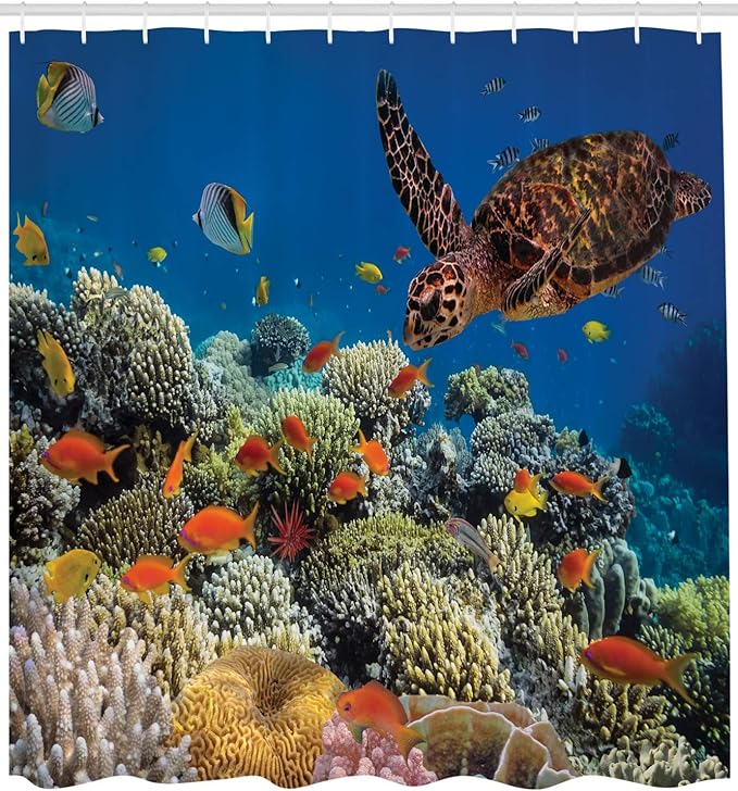 Ambesonne Ocean Shower Curtain, Fishes Old Turtle Hawksbill Floats Under Water Coral Reefs Dahab Red Sea, Cloth Fabric Bathroom Decor Set with Hooks, 69" W x 75" L, Orange Brown