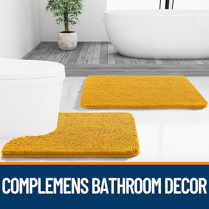 OLANLY Small Bathroom Rugs 24x16, Soft Absorbent Chenille Bath Rugs, Rubber Backing Quick Dry, Machine Washable Bath Mats for Bathroom Floor, Tub and Shower, Home Decor Accessories, Golden Yellow
