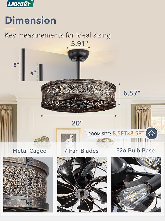 LEDIARY Farmhouse Chandelier Ceiling Fan with Light,20 Inch Black Gold Caged Enclosed Bladeless Fan Lights Ceiling Fixtures,Vintage Victorian Rustic Fandelier for Indoor,Kitchen,Bedroom,Living Room