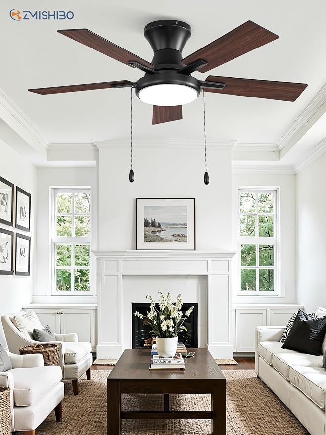 ZMISHIBO Ceiling Fans with Lights, Low Profile Ceiling Fan with Pull Chain and Remote Control, Flush Mount, Reversible, Dimmable, Noiseless, White Pull Cord Ceiling Fan for Bedroom(42inch Black)