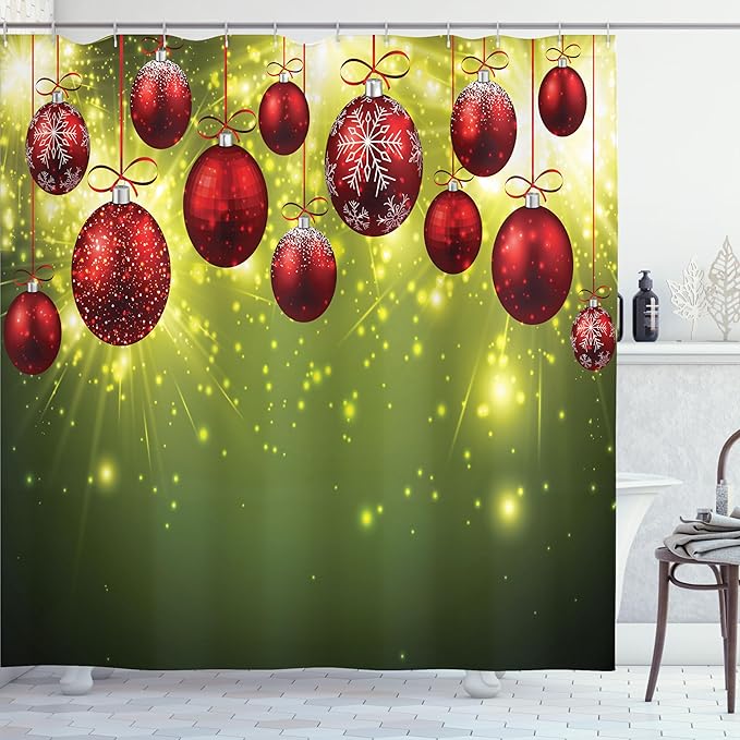 Ambesonne Christmas Shower Curtain, Vibrant Colored New Year Design with Psychedelic Digital Effects and Baubles Print, Cloth Fabric Bathroom Decor Set with Hooks, 69" W x 70" L, Green Red
