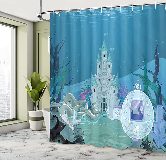 Ambesonne Ocean Shower Curtain, Mermaid Castle with Dolphins Moss Fish Sun Beams Art Print, Cloth Fabric Bathroom Decor Set with Hooks, 69" W x 75" L, Turquoise Teal