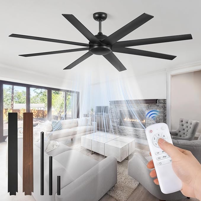 Fanbulous 72 Inch Black Ceiling Fan no Light with Remote | Large Ceiling Fan, 6-Speeds, Quiet Reversible DC Motor, Industrial Ceiling Fans without Lights , Living Room, Garage, Patio
