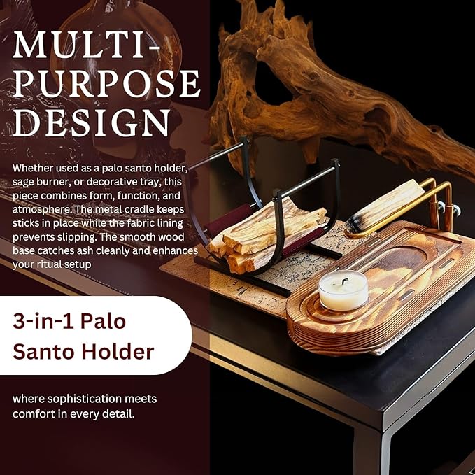 3-in-1 Palo Santo Holder & Burner – Wooden Base Sage Holder with Metal Frame for Palo Santo Sticks, Aromatherapy, Meditation & Smudging Rituals (3 in 1)