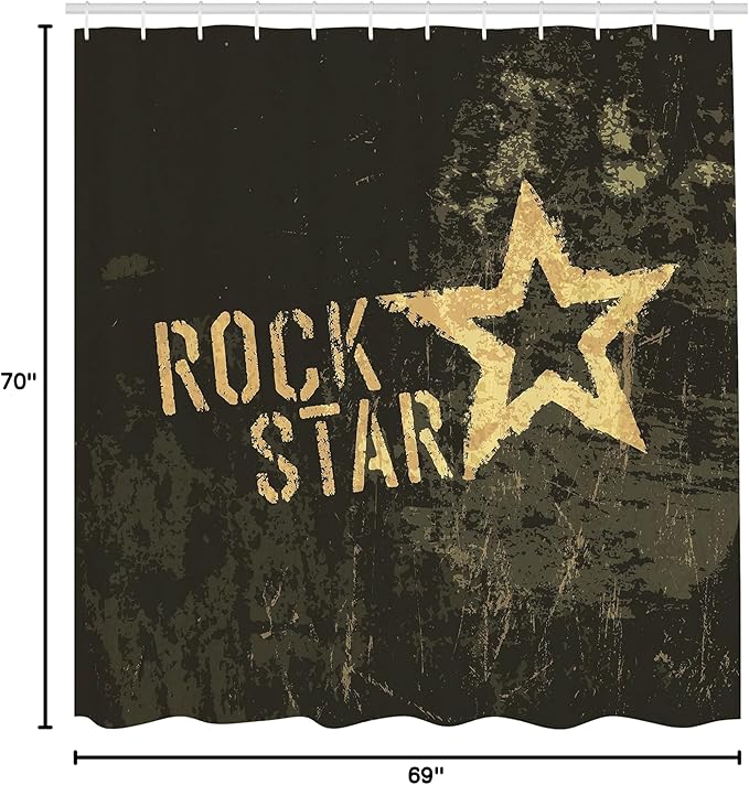 Ambesonne Star Print Shower Curtain, Rock Lettering Dark Grunge Backdrop Concert Music Themed Party Themed Art Print, Cloth Fabric Bathroom Decor Set with Hooks, 69" W x 70" L, Brown Mustard