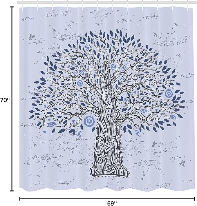 Ambesonne Tree of Life Shower Curtain, Doodle Tree Illustration Oriental Harmonious Design Mother Nature, Cloth Fabric Bathroom Decor Set with Hooks, 69" W x 70" L, Blue