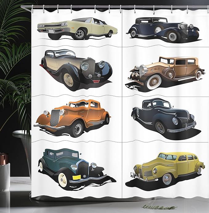 Ambesonne Cars Shower Curtain, Rare Fifties Vintage Vehicle Closed Roof Tops Original Timeless Automobile Graphic, Cloth Fabric Bathroom Decor Set with Hooks, 69" W x 70" L, Multicolor White