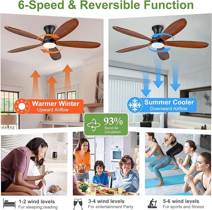 52 Inch Flush Mount Ceiling Fans with Lights, Remote, Dimmable, Power-Off Memory, Quiet DC Motor,5 Blades Wood Ceiling Fan with Light, Low Profile Outdoor/Indoor Hugger Ceiling Fan for Patio