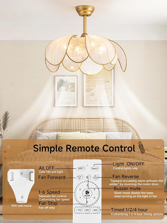 26" Flower Ceiling Fans with Lights and Remote Control,Boho Gold Chandelier Fan with 6 Speeds, Modern Fandelier for Kitchen Island,Dining Room,Living Room,Nursery