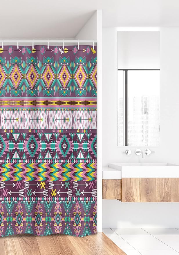 Ambesonne Tribal Stall Shower Curtain, Traditional Pattern Geometrics and Arrows Art, Fabric Bathroom Decor Set with Hooks, 36" W x 72" L, Teal Purple Yellow