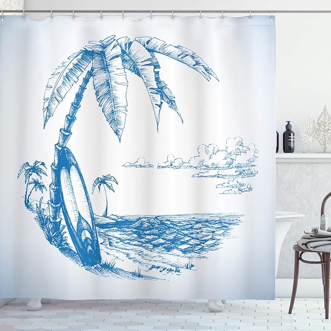 Ambesonne Surf Shower Curtain, Contemporary Sketch Illustration Hawaiian Beach Surfboard Palms Ocean Water, Cloth Fabric Bathroom Decor Set with Hooks, 69" W x 70" L, Blue White